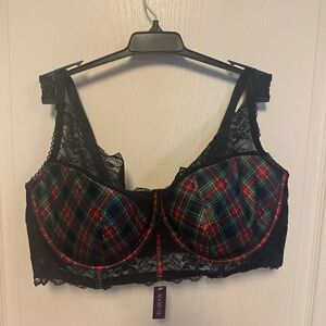 Adore Me Red and Black Lace Trim Tartan Bra - 44DDD